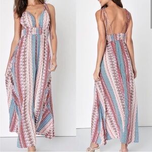 Lulu's Maxin Relaxin Printed Tie Strap Maxi Dress Size L